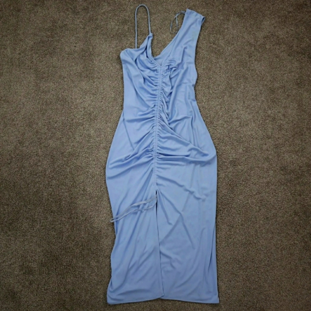 Zara Womens Runched Body Cone Midi Dress V Neck Sleeveless Light Blue - Lg